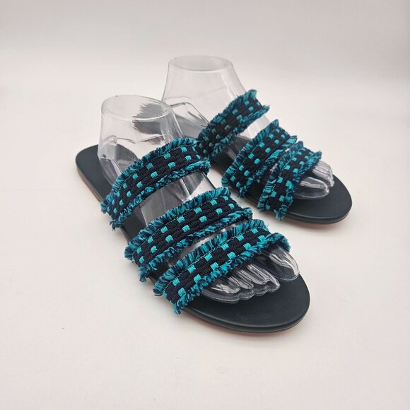 Rothys Triple Strap Fringe Slip On Sandals Blue Flats Womens Sz 10.5 NEW - Picture 3 of 5